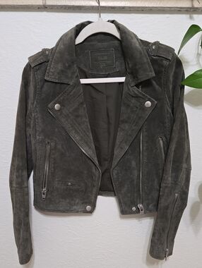 Olive Green Suede Moto Cropped Moto Jacket For Fall, XS
